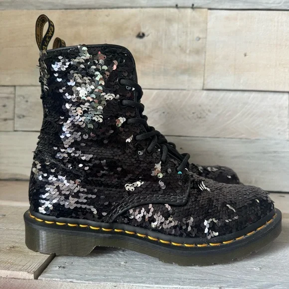 Dr. Martens Black Sequin Combat Boots - Picture 3 of 12